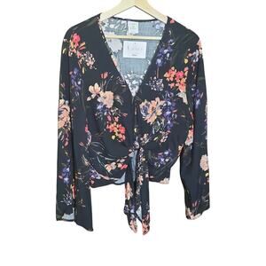 By Together Womens Black Floral Deep V Neck Tie at Waist Bell Sleeve Top Size L